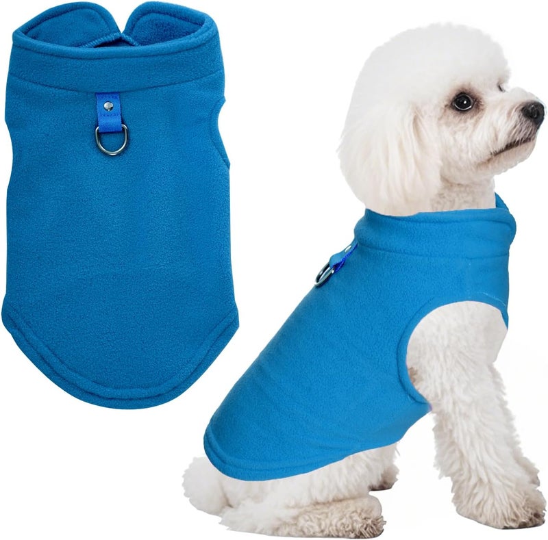 Sucrain Dog Fleece Vest Soft Pet Jacket with Leash O-Ring Winter Warm Pet Pullover Coat for Small Dog(Blue, Medium) - Image 1
